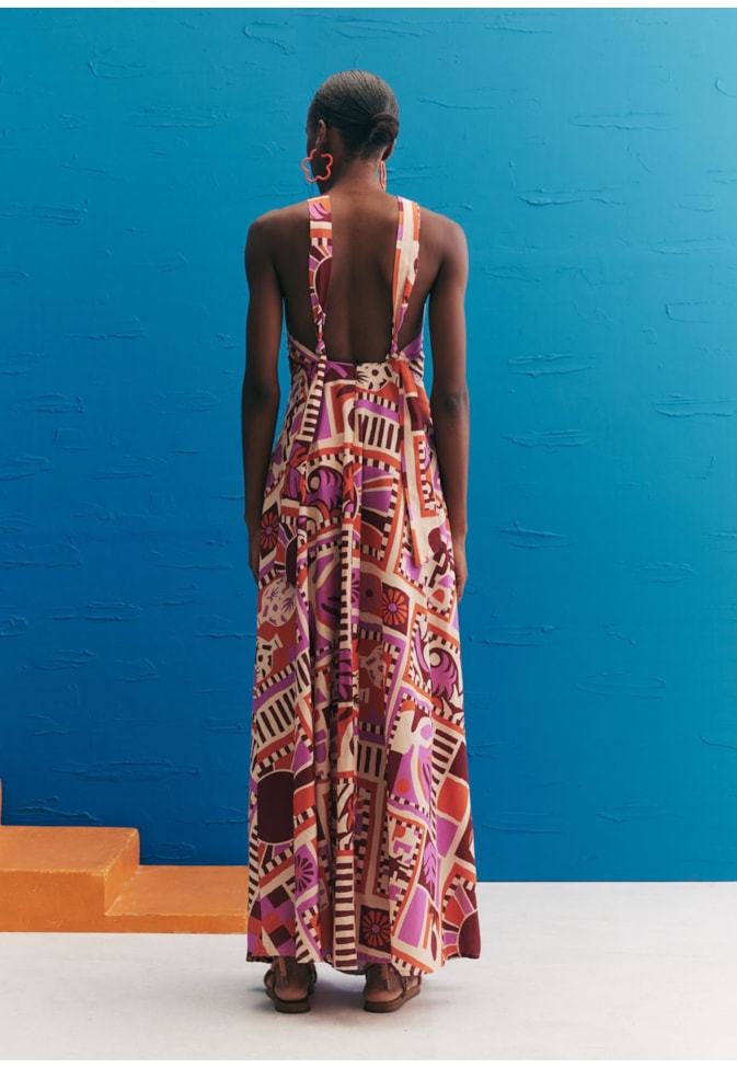 Vestido Longo Alça Cruzado Estampado Vila Hermosa