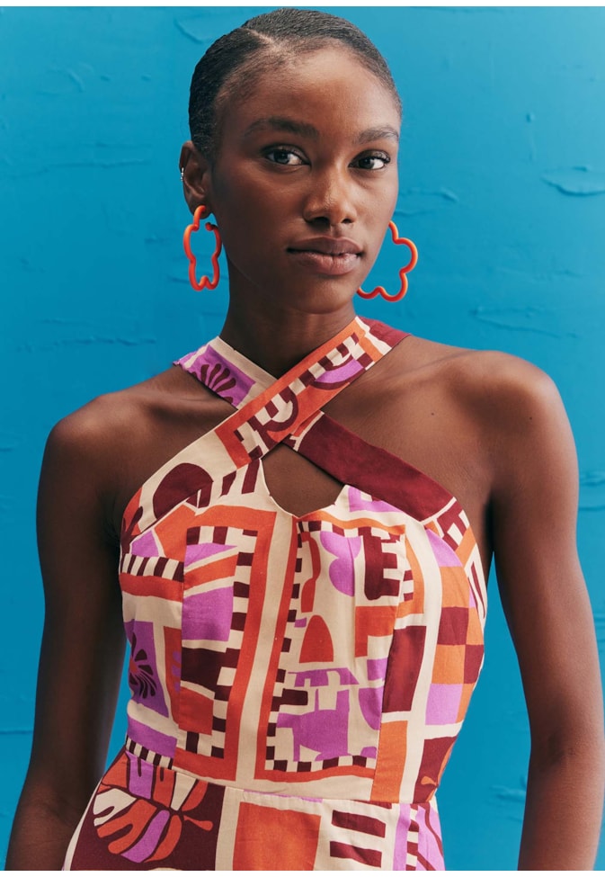 Vestido Longo Alça Cruzado Estampado Vila Hermosa