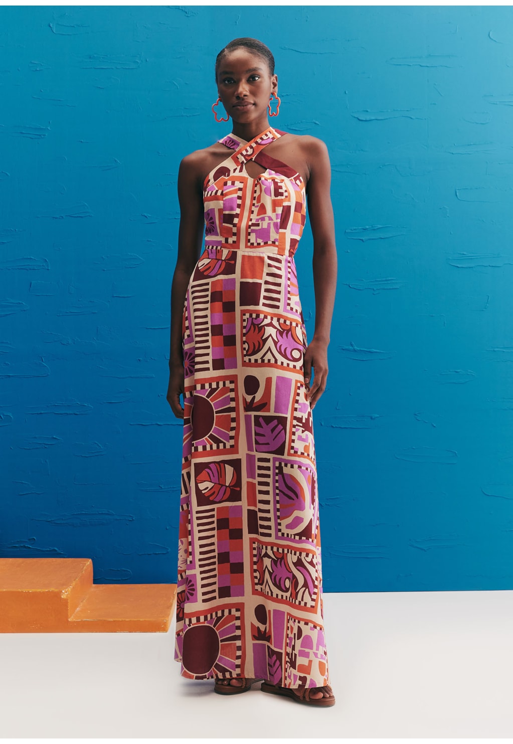 Vestido Longo Alça Cruzado Estampado Vila Hermosa