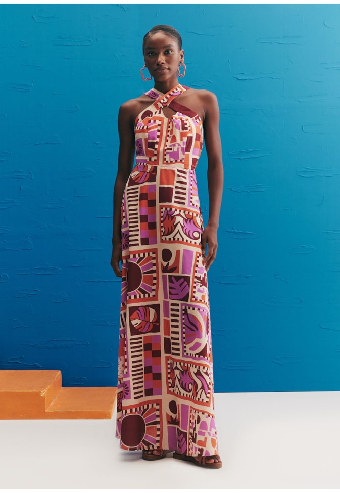 Vestido Longo Alça Cruzado Estampado Vila Hermosa