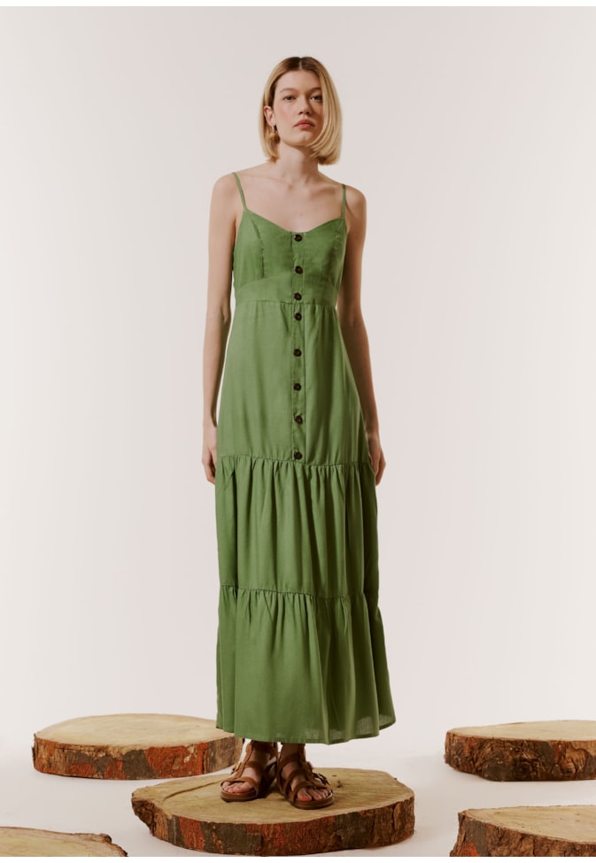 Vestido Longo Alça Fina Botões