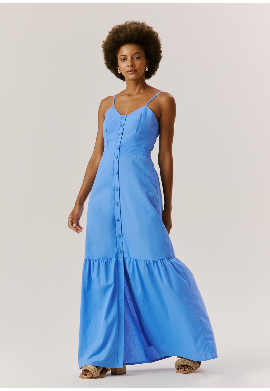 Vestido Longo Alça Fina Botões