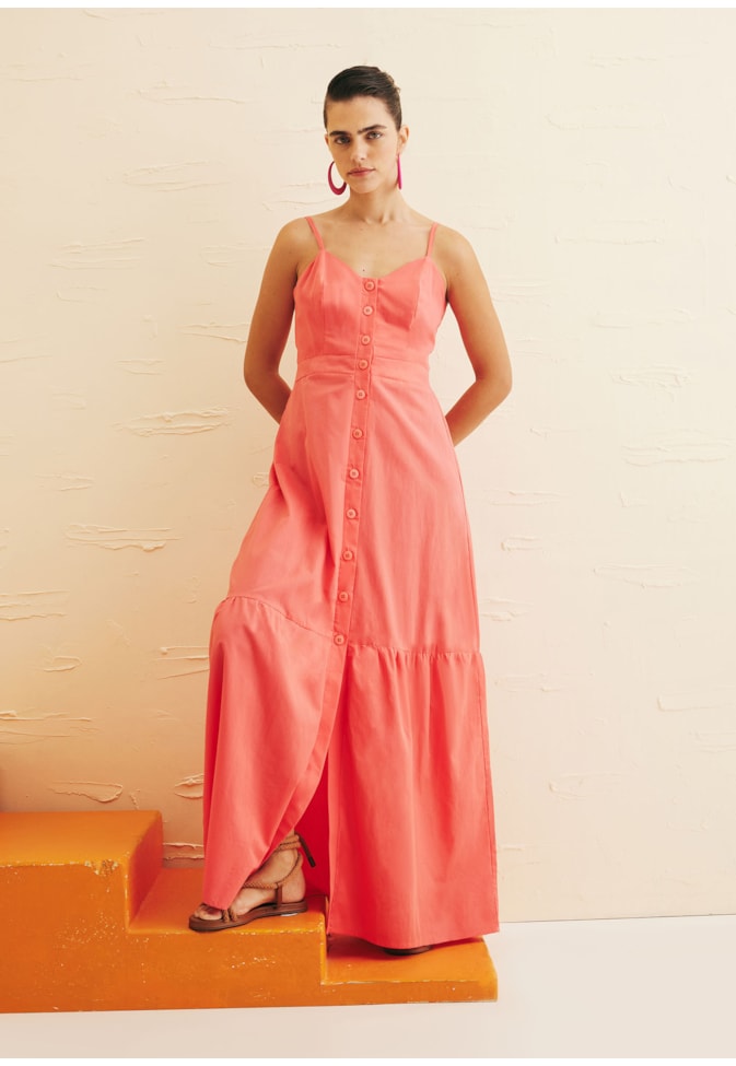Vestido Longo Alça Fina Botões