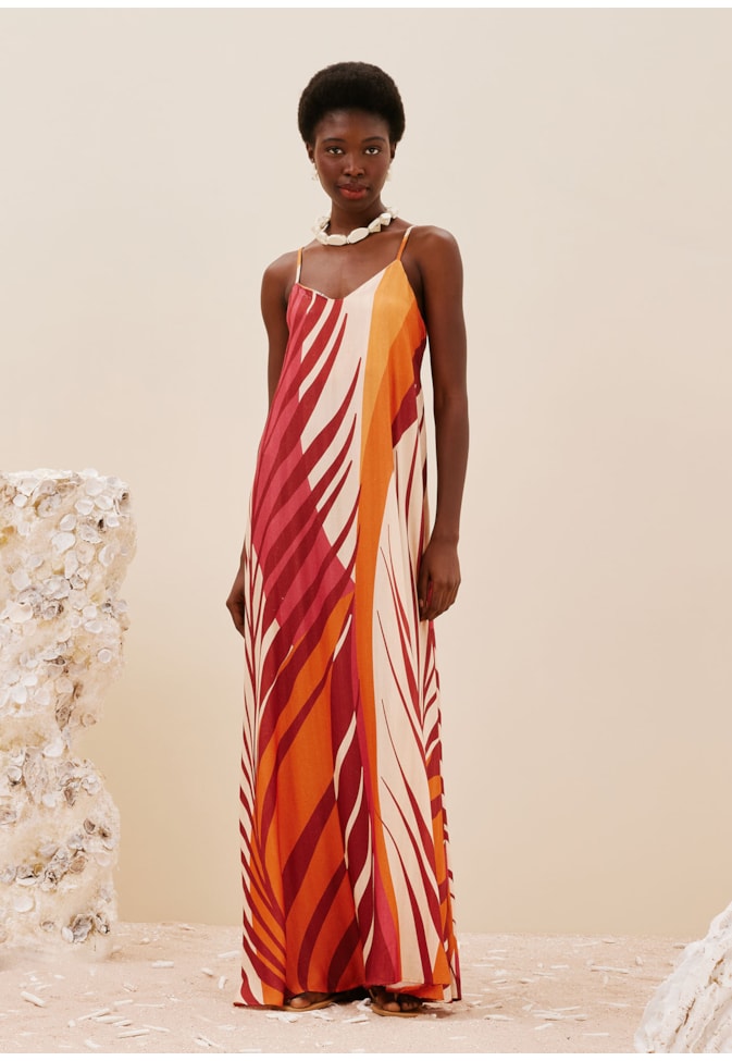 Vestido Longo Alça Fina Estampado Palm