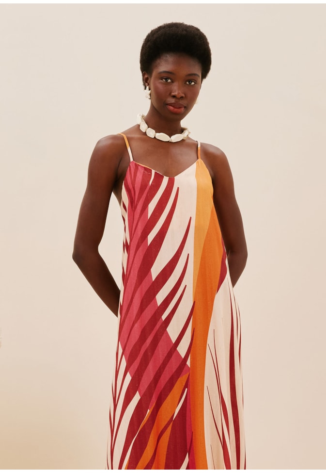 Vestido Longo Alça Fina Estampado Palm