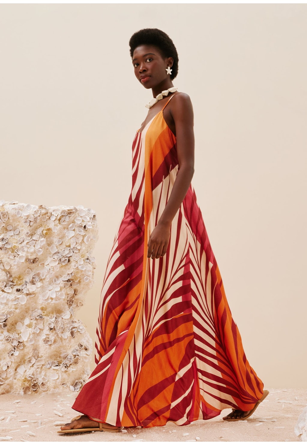 Vestido Longo Alça Fina Estampado Palm