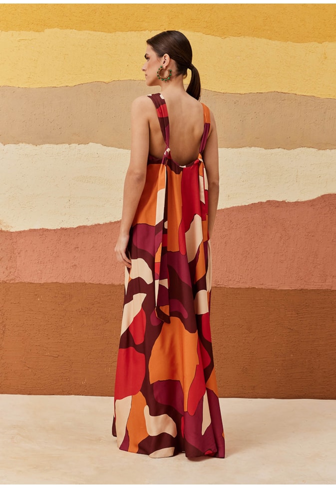 Vestido Longo Alça Franzido Estampado Ushuaia