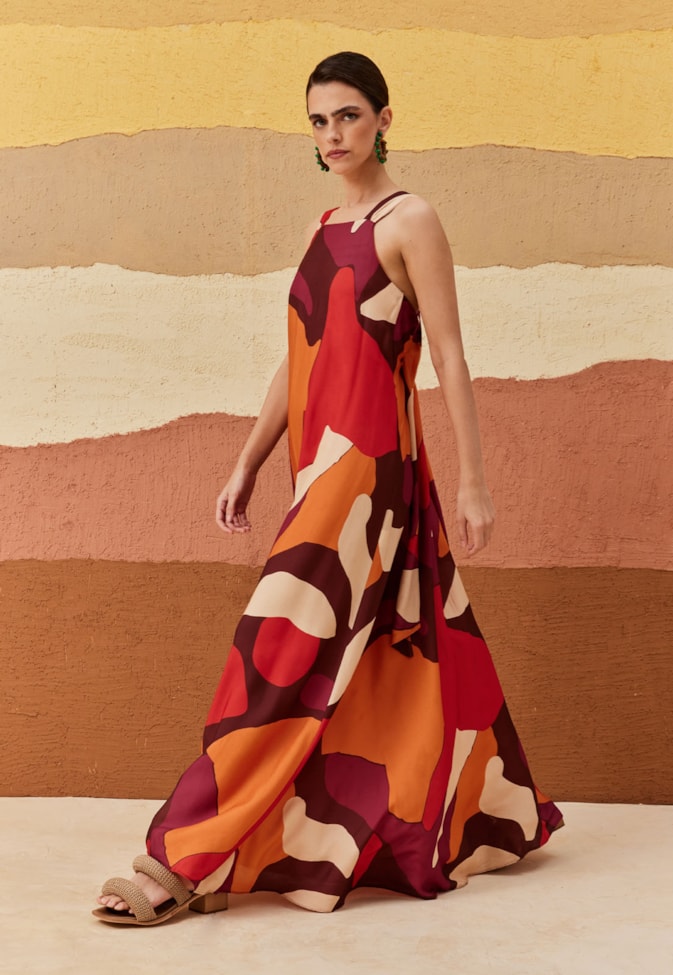 Vestido Longo Alça Franzido Estampado Ushuaia