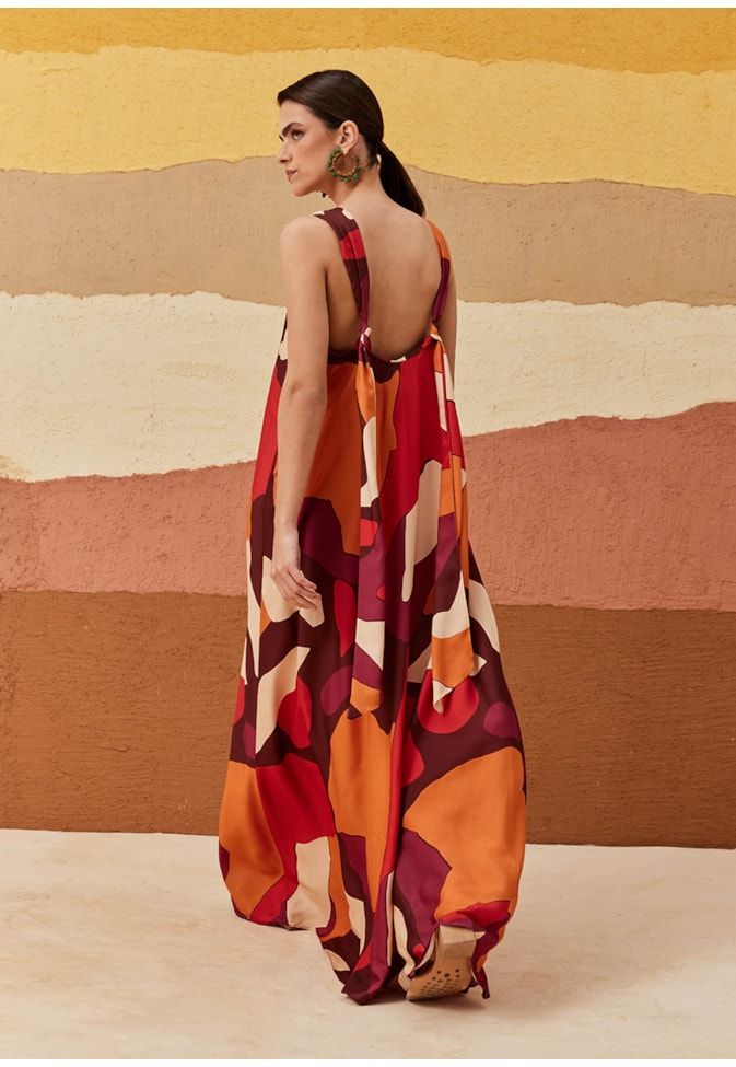 Vestido Longo Alça Franzido Estampado Ushuaia