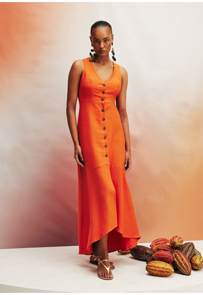 Vestido Longo Alça Larga com Botões Liso