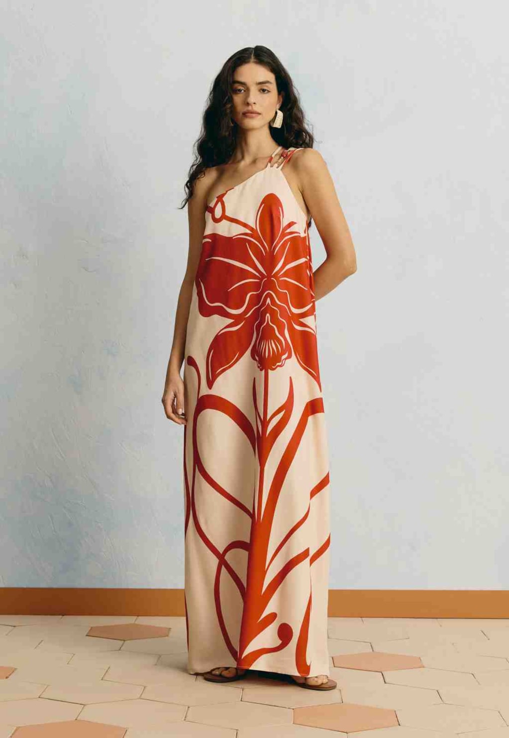 Vestido Longo Alça Pedras Estampado Caribenha