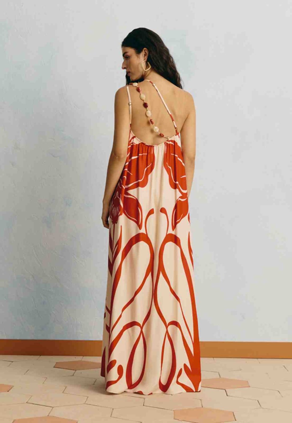 Vestido Longo Alça Pedras Estampado Caribenha