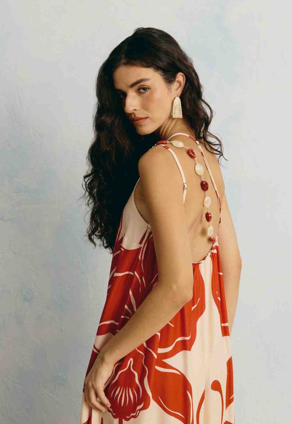 Vestido Longo Alça Pedras Estampado Caribenha