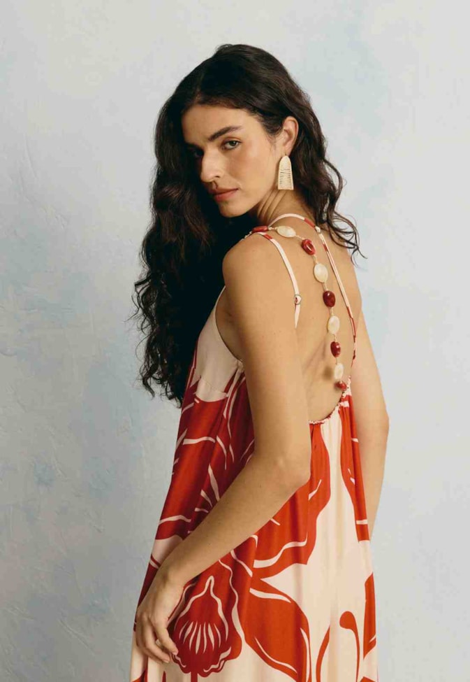 Vestido Longo Alça Pedras Estampado Caribenha