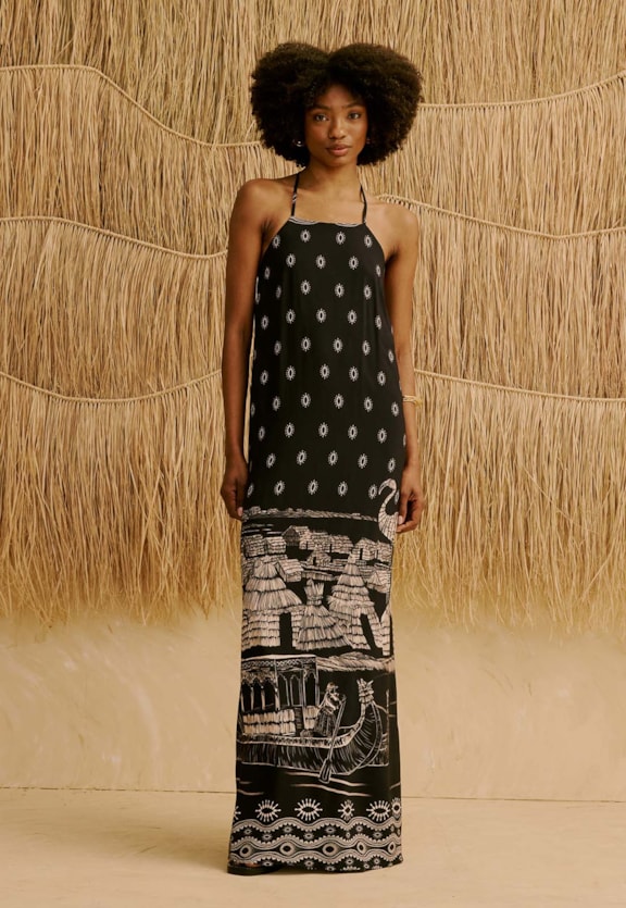 Vestido Longo Alça Pedras Estampado Lago Titicaca Vista Frontal