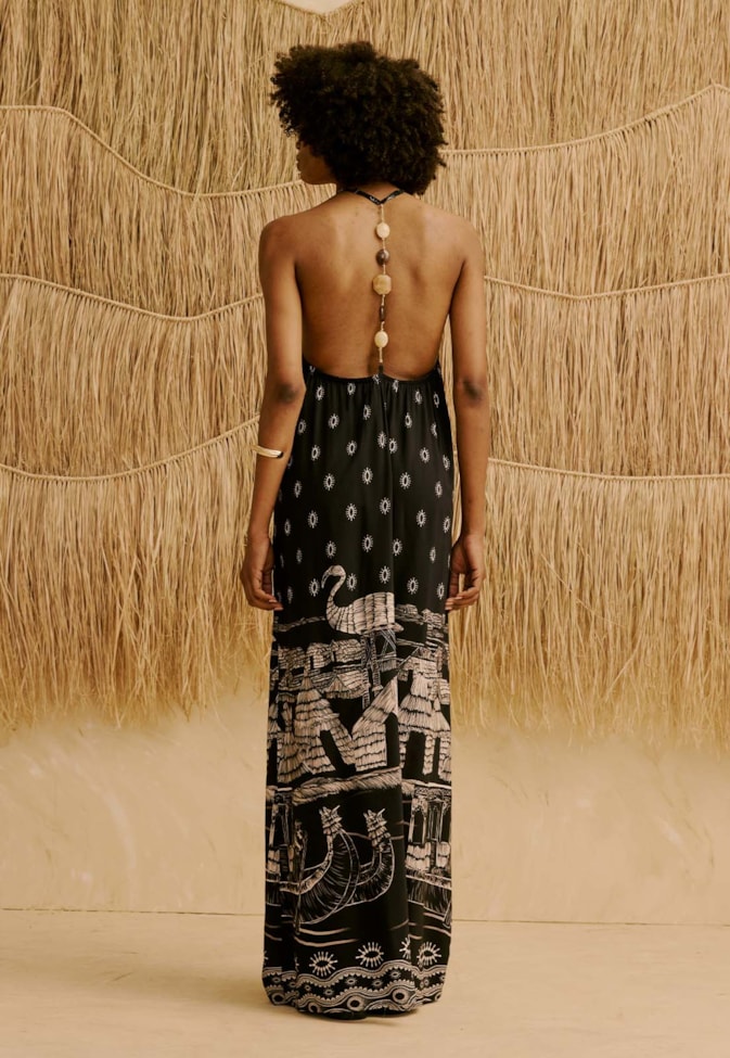 Vestido Longo Alça Pedras Estampado Lago Titicaca