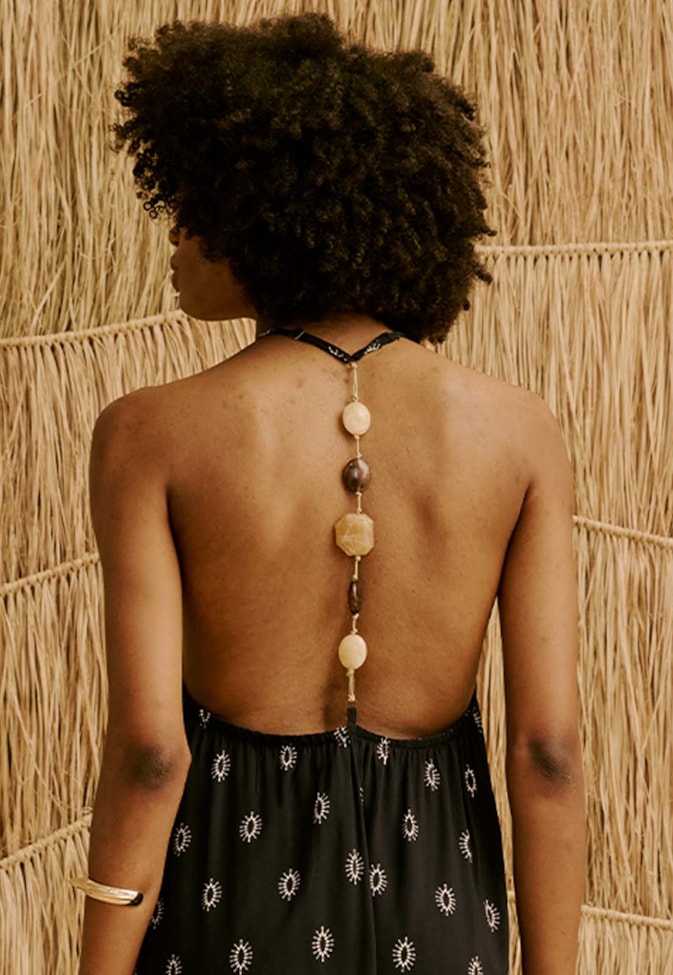 Vestido Longo Alça Pedras Estampado Lago Titicaca