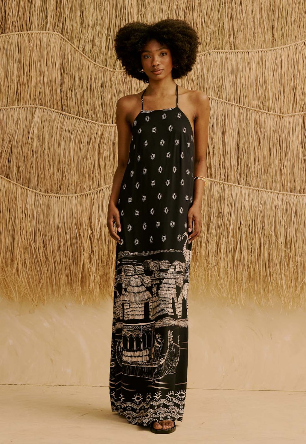 Vestido Longo Alça Pedras Estampado Lago Titicaca