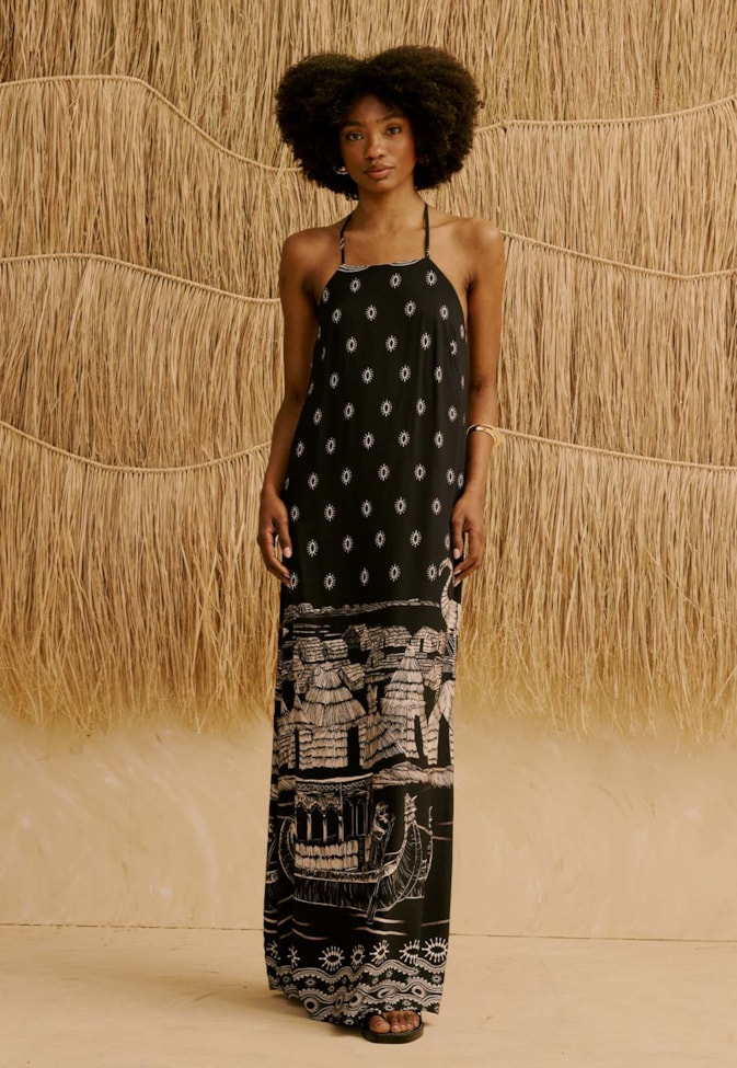 Vestido Longo Alça Pedras Estampado Lago Titicaca