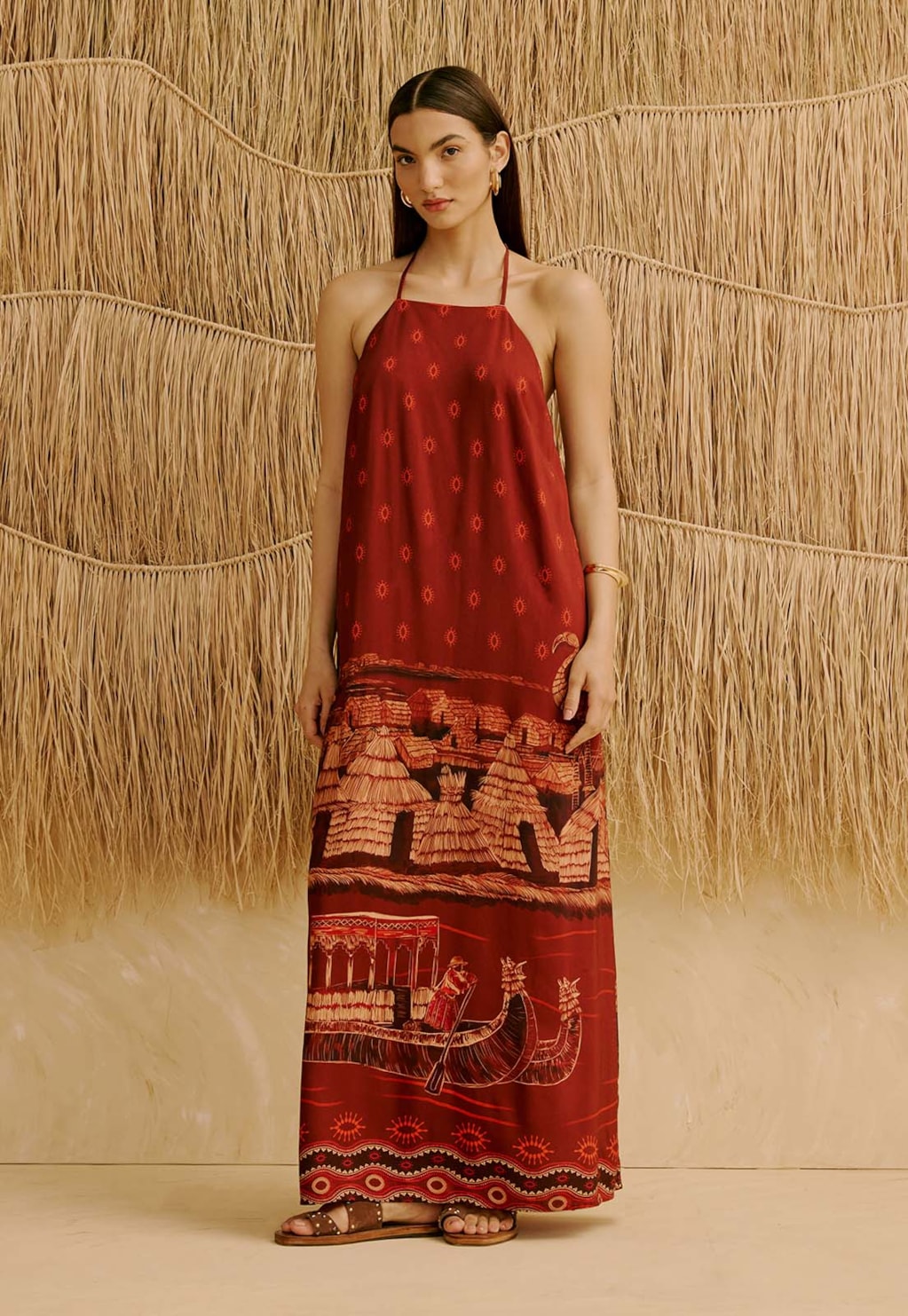 Vestido Longo Alça Pedras Estampado Lago Titicaca