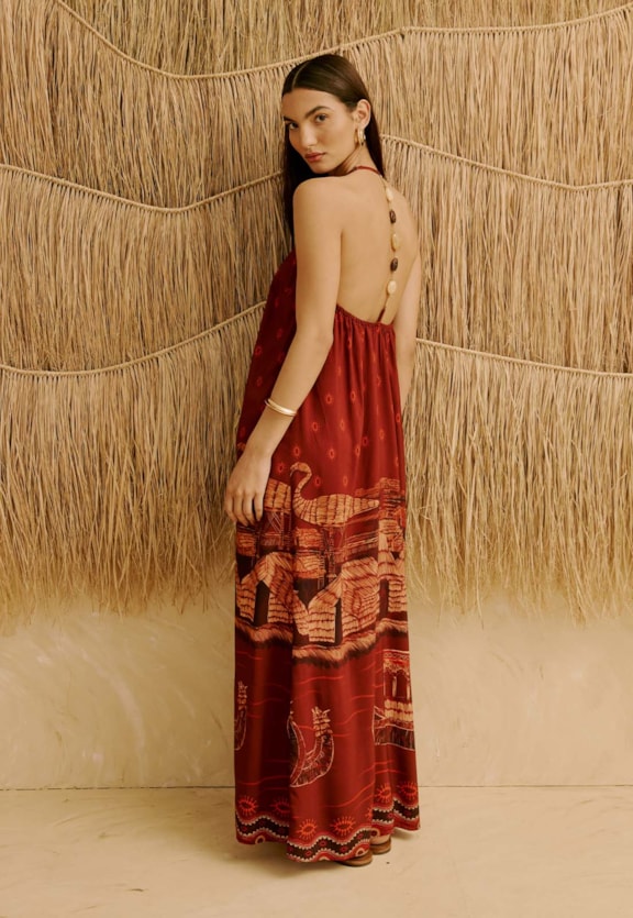 Vestido Longo Alça Pedras Estampado Lago Titicaca Vista Traseira