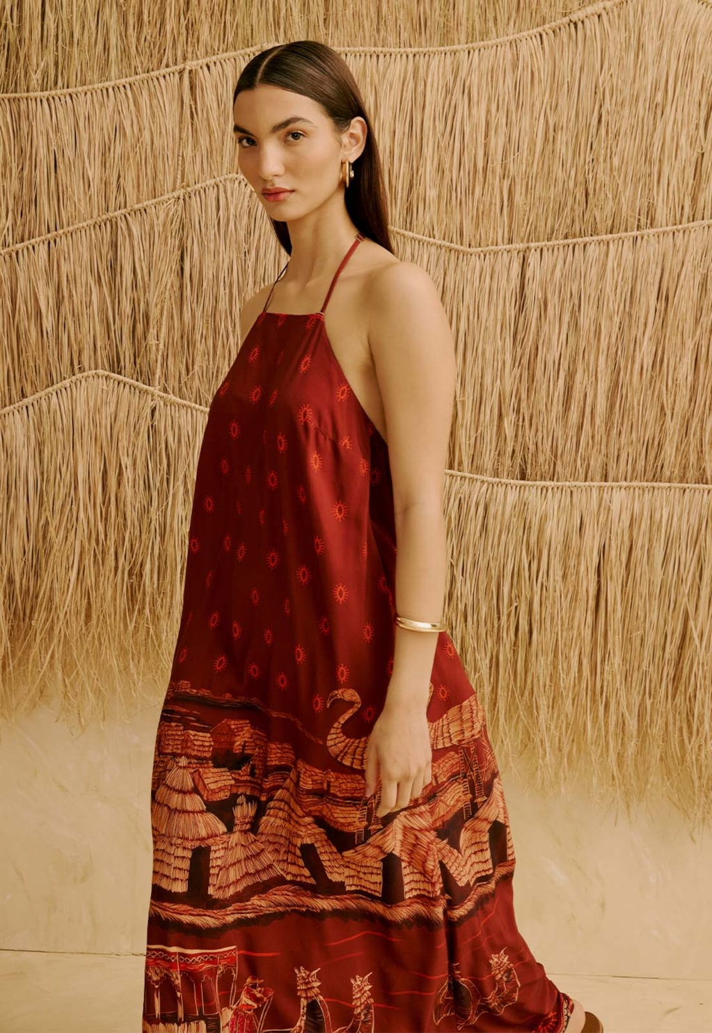 Vestido Longo Alça Pedras Estampado Lago Titicaca