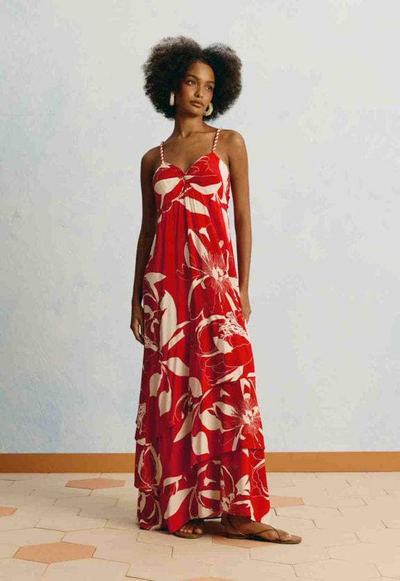 Vestido Longo Alça Tassel Estampado Colombiana Vista Frontal