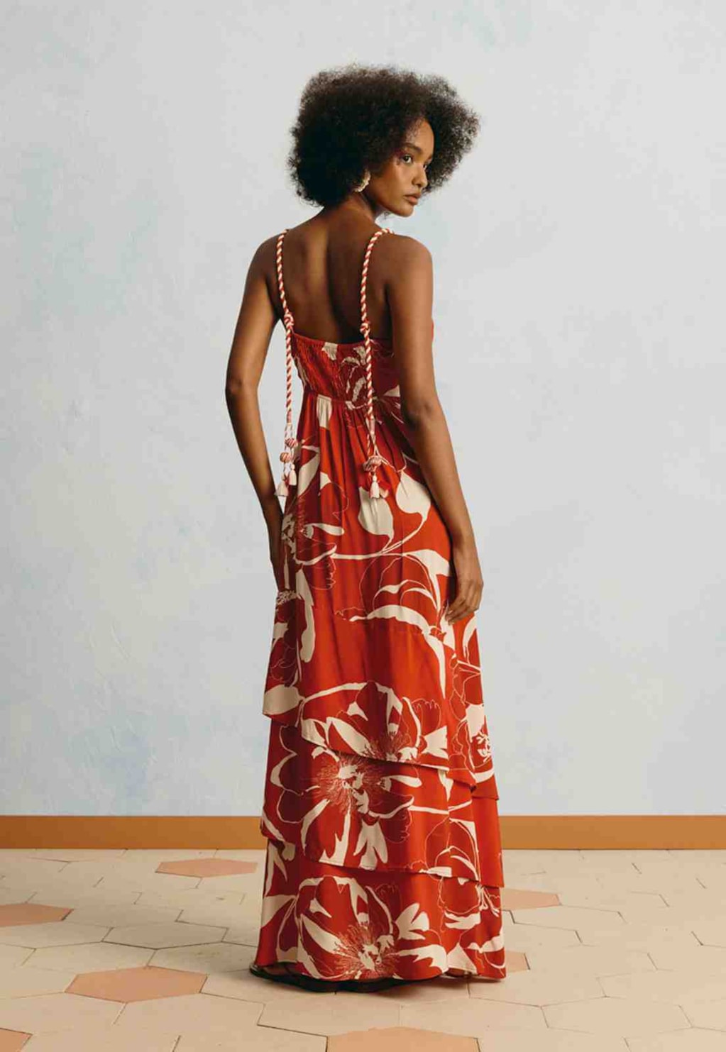Vestido Longo Alça Tassel Estampado Colombiana