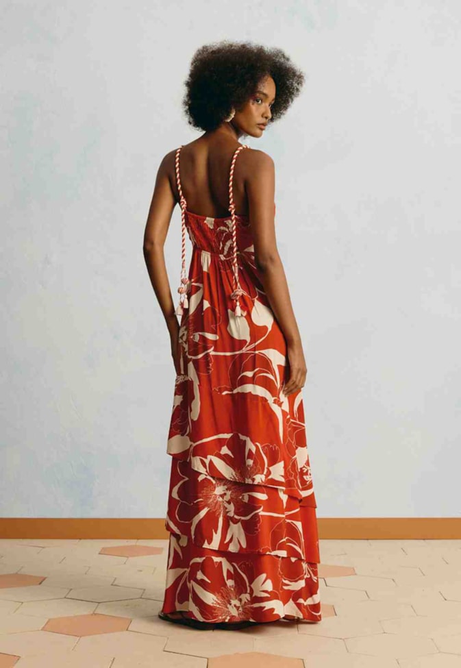 Vestido Longo Alça Tassel Estampado Colombiana