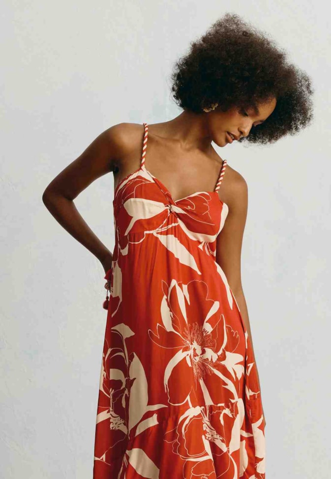 Vestido Longo Alça Tassel Estampado Colombiana