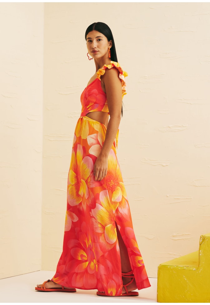 Vestido Longo Alças Babadinhos Estampado Dália Mexicana