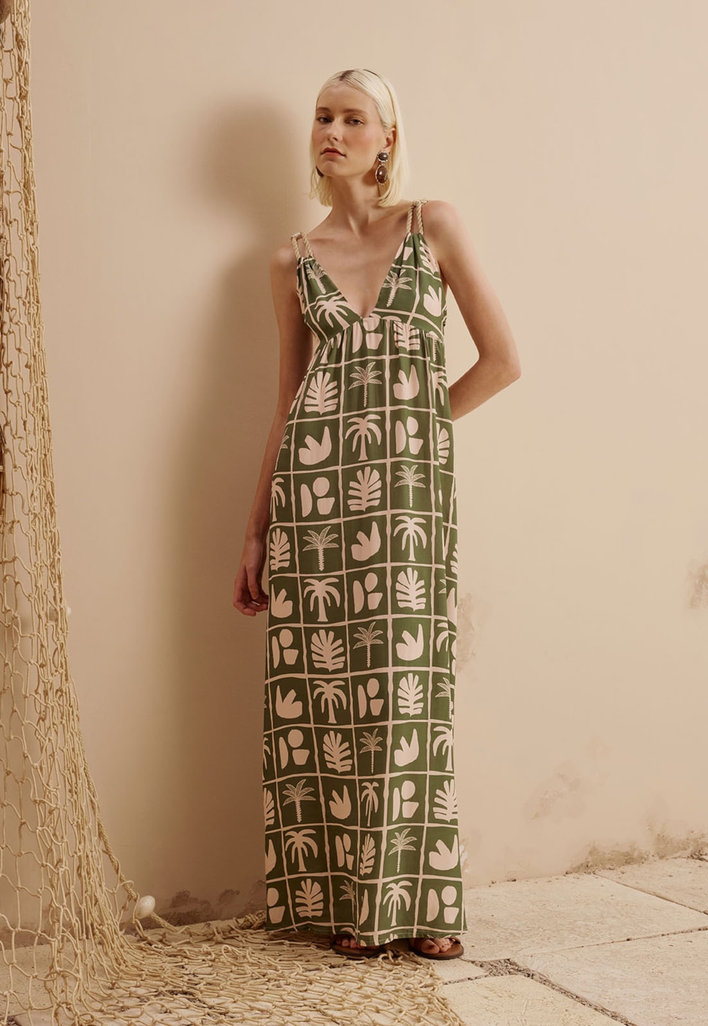 Vestido Longo Alças Cordas Elos Estampado Ybyra