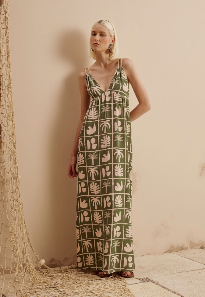Vestido Longo Alças Cordas Elos Estampado Ybyra
