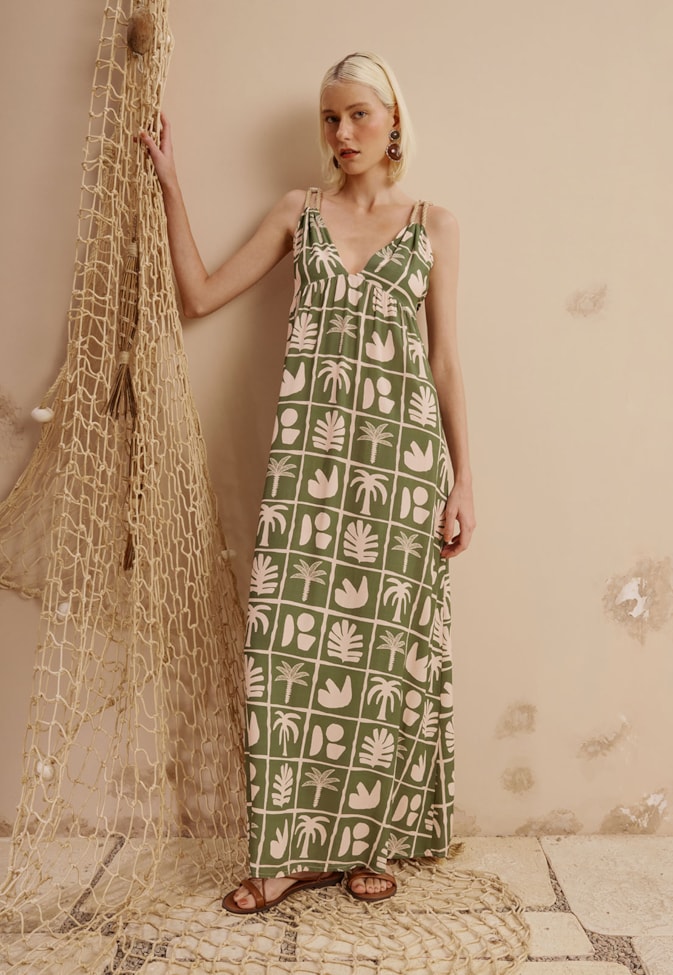 Vestido Longo Alças Cordas Elos Estampado Ybyra