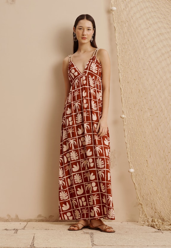 Vestido Longo Alças Cordas Elos Estampado Ybyra Vista Frontal