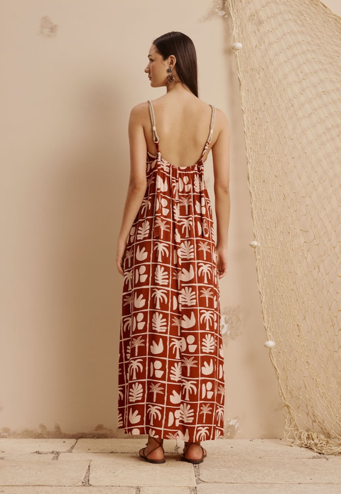 Vestido Longo Alças Cordas Elos Estampado Ybyra