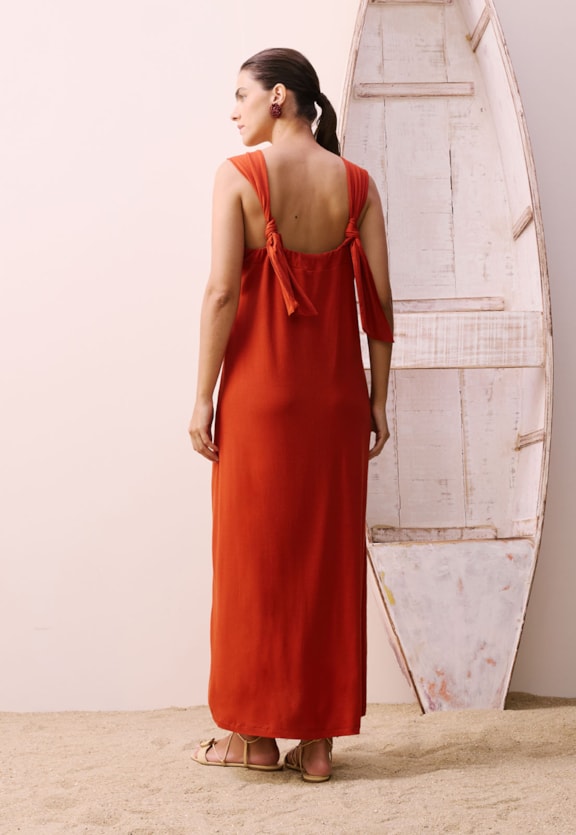 Vestido Longo Alças Franzidas Vista Traseira