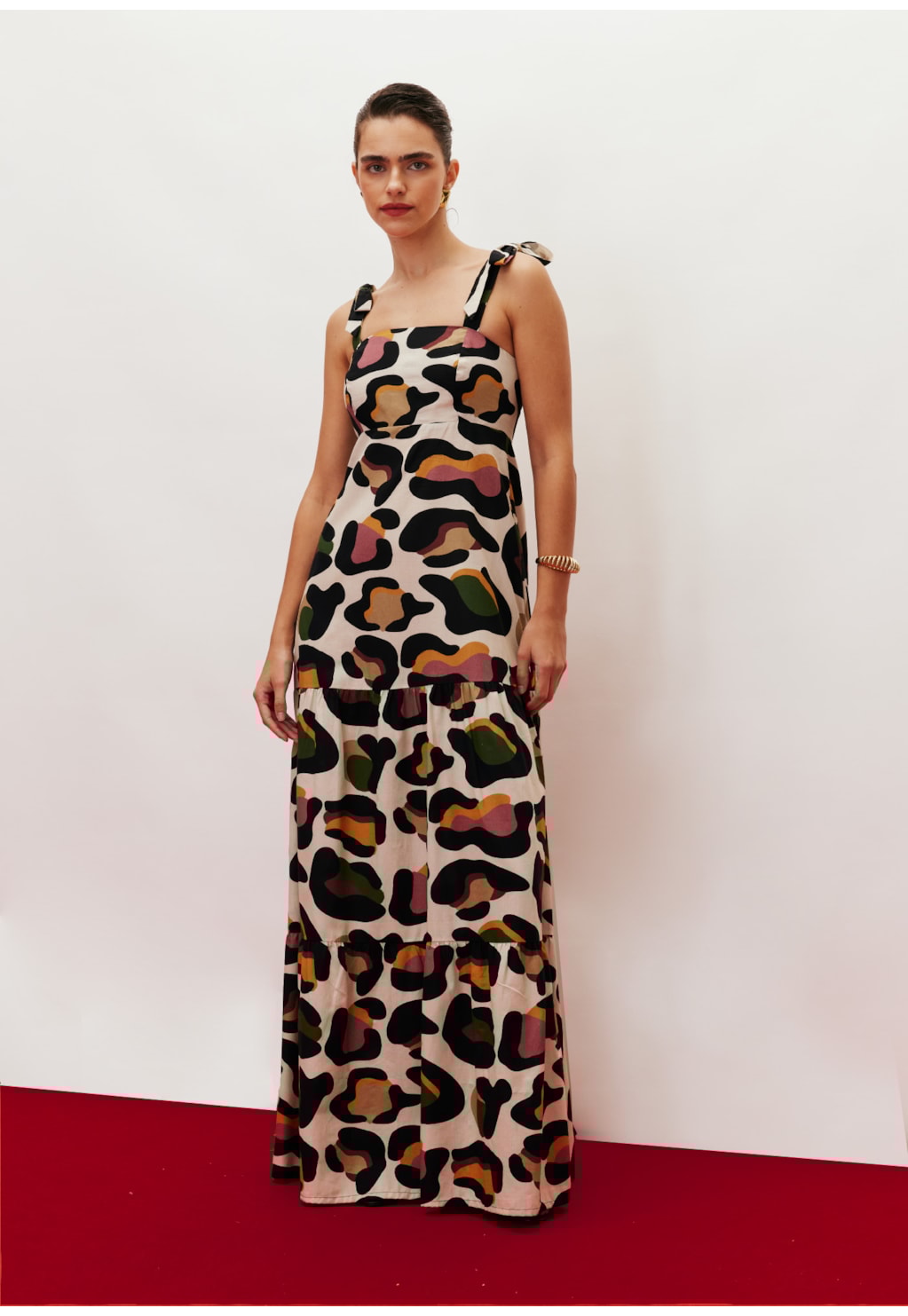 Vestido Longo Alças Laço Estampado Kizumba