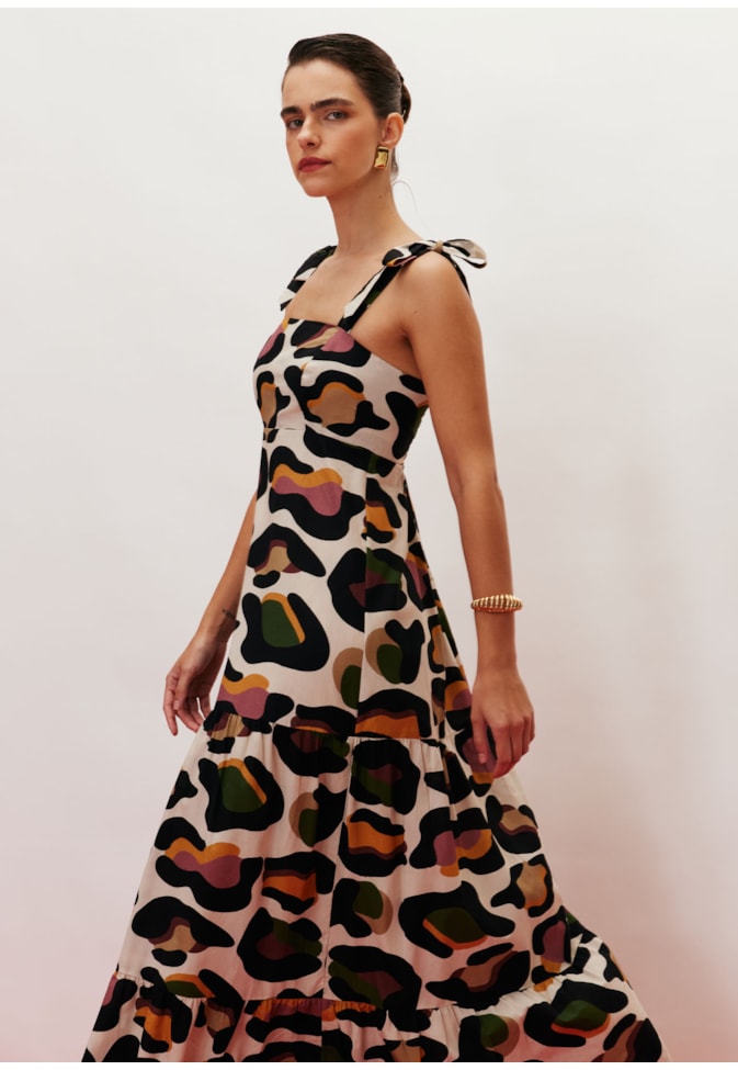 Vestido Longo Alças Laço Estampado Kizumba