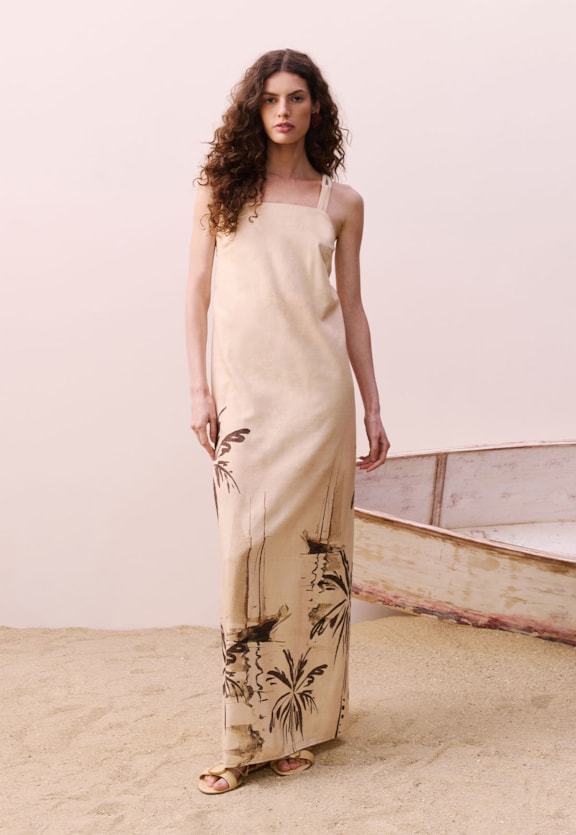 Vestido Longo Aletas Estampado Navegar Vista Frontal