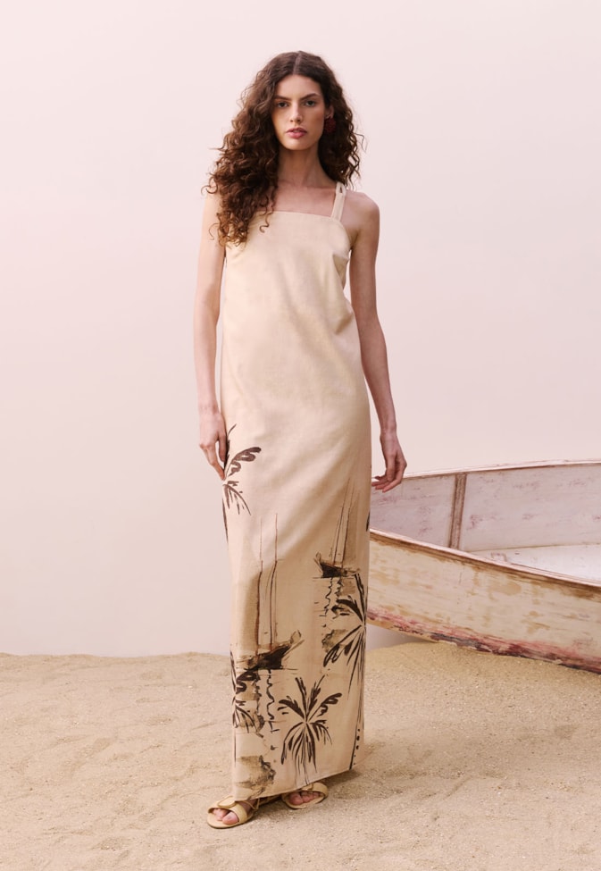 Vestido Longo Aletas Estampado Navegar