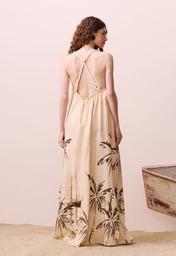 Vestido Longo Aletas Estampado Navegar Vista Traseira