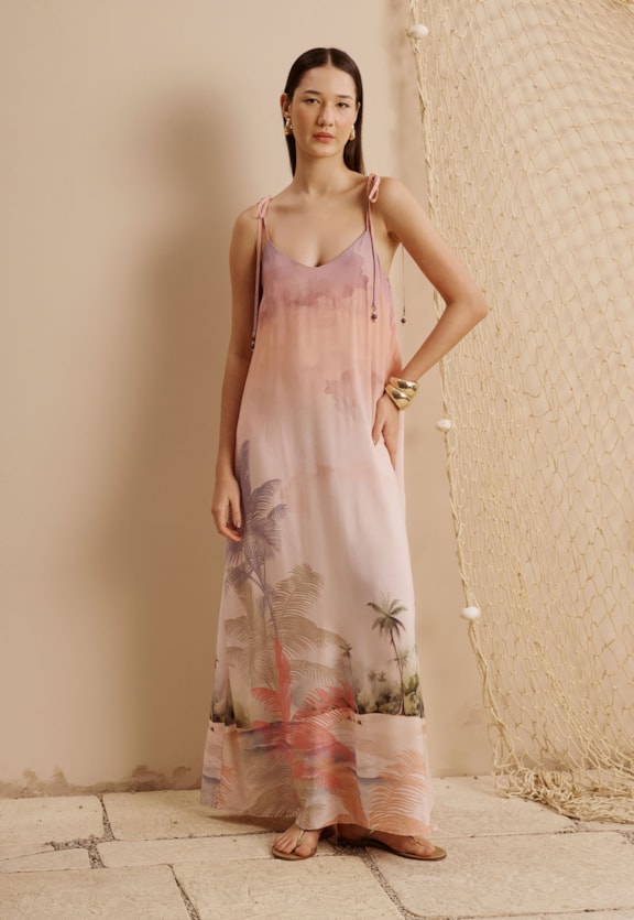 Vestido Longo Amarração Alça Estampado Ilha do Combu Vista Frontal