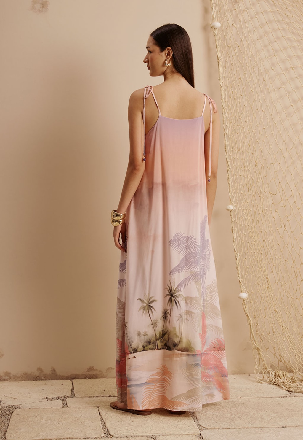 Vestido Longo Amarração Alça Estampado Ilha do Combu