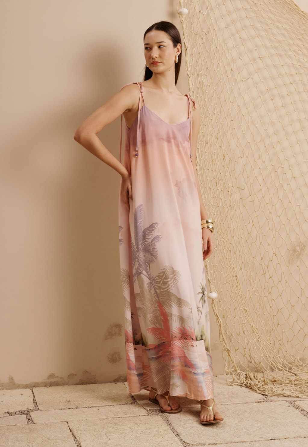 Vestido Longo Amarração Alça Estampado Ilha do Combu