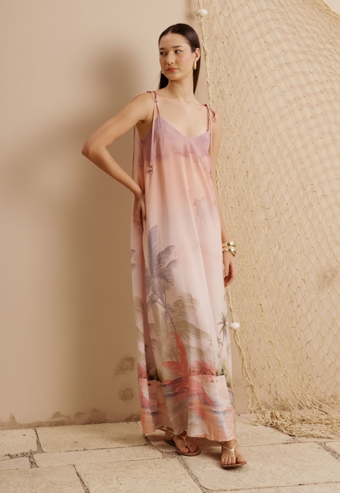 Vestido Longo Amarração Alça Estampado Ilha do Combu