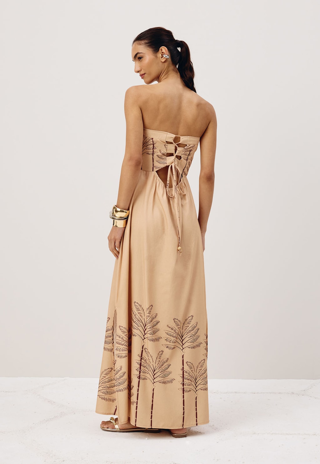 Vestido Longo Amarração Costas Estampado Coqueiral 