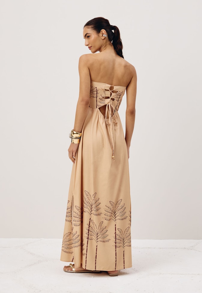 Vestido Longo Amarração Costas Estampado Coqueiral 