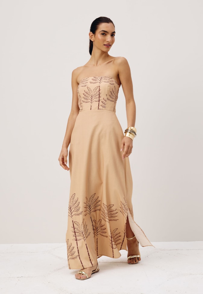 Vestido Longo Amarração Costas Estampado Coqueiral 