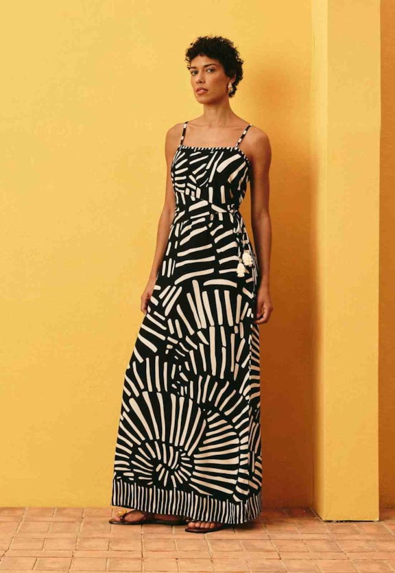 Vestido Longo Amarração Estampado Tambá Vista Frontal